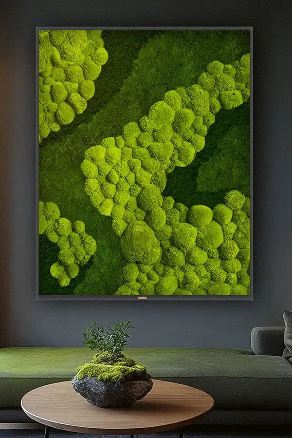 Rechteckiges Bild aus Moos von MoosMoos mit organischen Formen und sattem Grün an dunkler Wand.