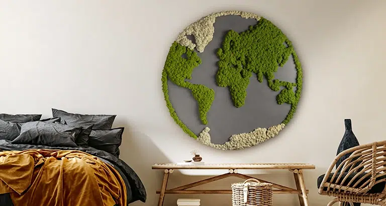 Runde Weltkarte aus Moos – einzigartiges Bild aus Moos für modernes Interior