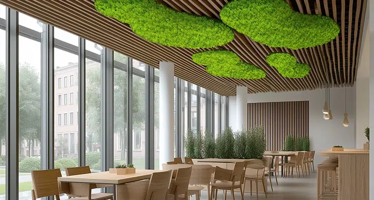 Paneel aus MoosMoos in einem lichtdurchfluteten Restaurant, natürliche Akustiklösung und grüne Raumgestaltung.