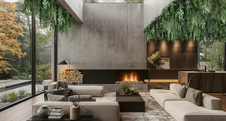 Wohnzimmer mit Kamin, Betonwand und grüner Decke aus Moos von MoosMoos, modernes Raumdesign mit Naturakzenten