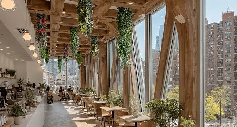 Café mit großen Fenstern, Holzkonstruktion und hängender Decke aus Moos von MoosMoos für ein stilvolles Naturambiente