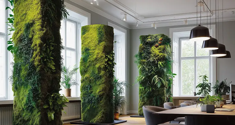  Mehrere hohe Säulen mit Wand aus Moos im modernen Workspace – nachhaltige Raumgestaltung mit MoosMoos.