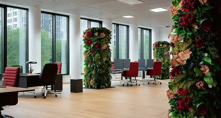Stele aus MoosMoos mit farbigen Blüten – natürliche grüne Wandgestaltung für Büro und Open Space.