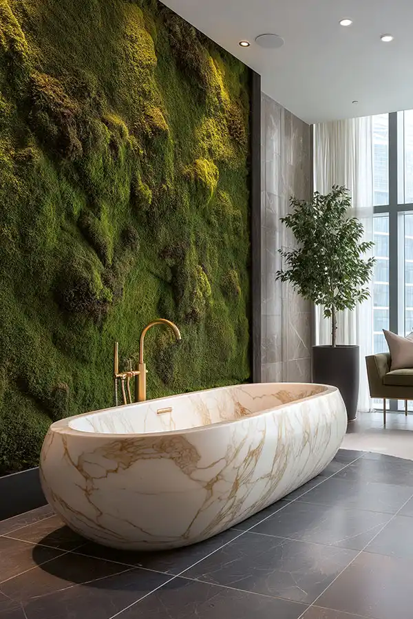 Badezimmer mit luxuriöser freistehender Badewanne und grüner Wand aus Moos – MoosMoos Bild aus Moos für Wellness-Atmosphäre
