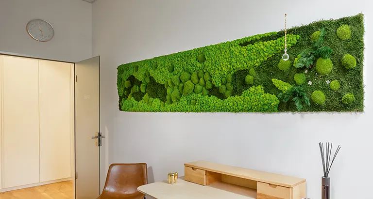 Modernes Büro mit organischer Wand aus Moos, die Akustik verbessert und mit MoosMoos als grünes Design-Element umgesetzt wurde.