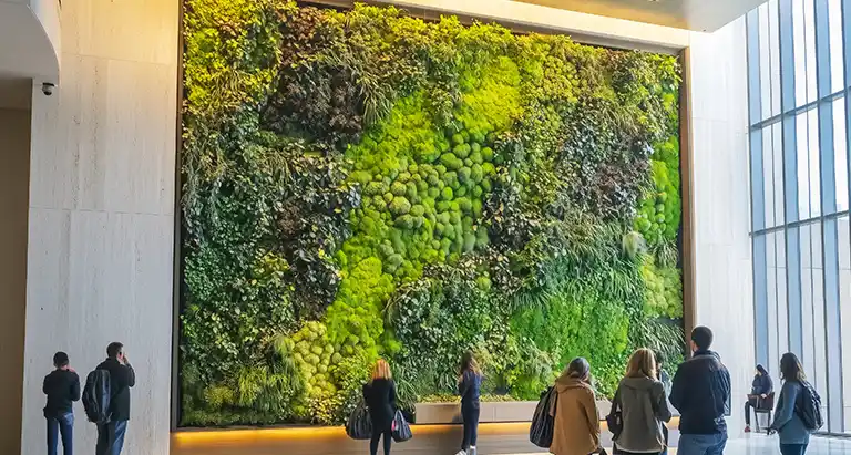 Große Hotellobby mit eindrucksvoller Wand aus Moos von MoosMoos, moderne Architektur mit nachhaltigem Naturdesign und Besuchern im Vordergrund