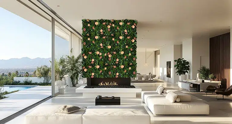 Modernes Wohnzimmer mit großer Mooswand aus Blumen und Pflanzen mit Kamin, exklusive Naturgestaltung von MoosMoos