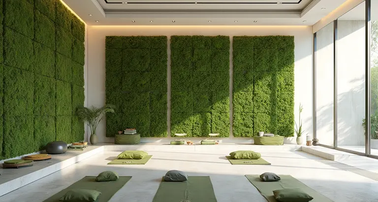 Heller Yoga- und Meditationsraum mit Sitzkissen und großflächigen Wänden aus Moos von MoosMoos, modernes nachhaltiges Raumkonzept