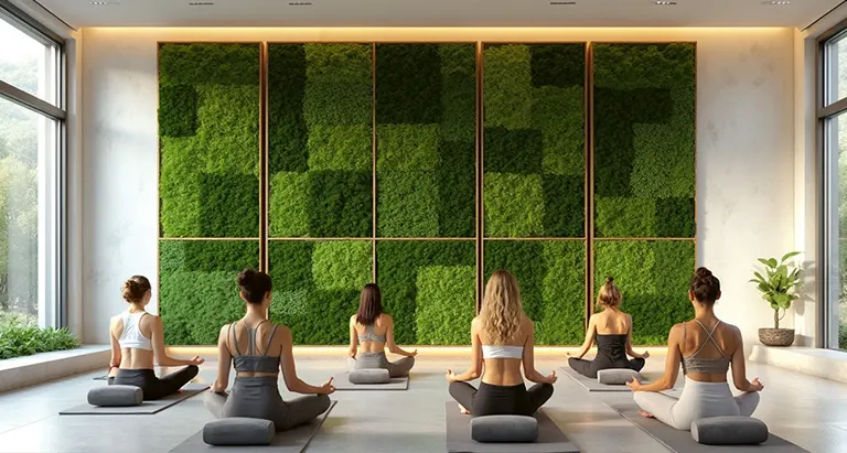 Yogastudio mit großer Fensterfront und geometrisch angelegter Wand aus Moos von MoosMoos, Menschen beim Meditieren im Raum
